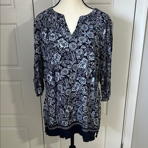 EUC Croft & Barrow Women’s Floral Print Navy Blue Women's Blouse 3/4 Sleeve XL